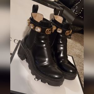 Gucci leather ankle boot with gemmed GG belt